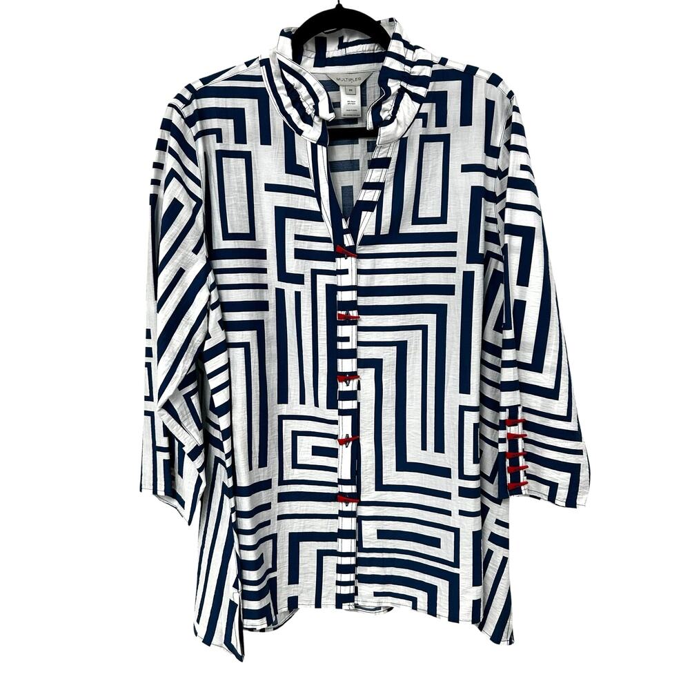NWT Multiples Navy White Geometric Print Red Button Up Shirt Womens 0X